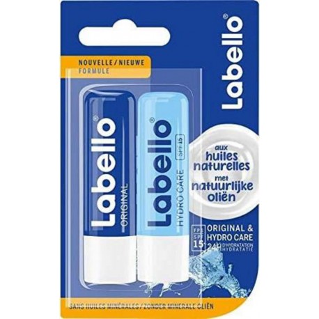 Labello Soin des lèvres Original & Hydro Care aux huiles naturelles 2 tubes 4,8g - 9,6g